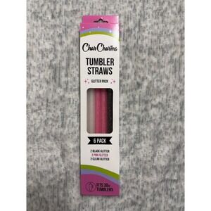 CharCharms Tumbler Straws 6 Pack Glitter Black Pink Clear Fits 30oz Reusable BPA